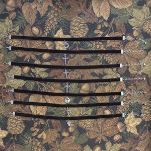 Brown Velvet Cross Charm Choker Bundle